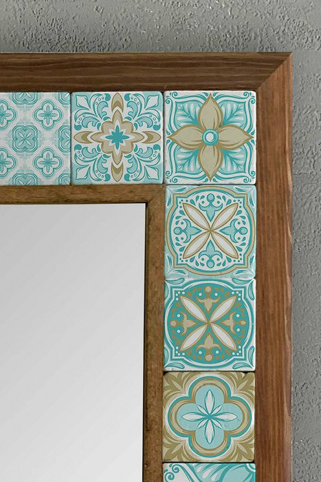 Настенное зеркало 43x43 с каменной мозаикой бирюзово-белого цвета - лучшие Настенные зеркала в INMYROOM