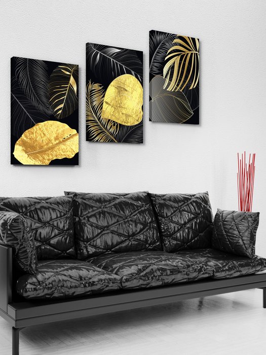 Набор из трех постеров Листья на черном 60х120 черно-желтого цвета - лучшие Картины в INMYROOM