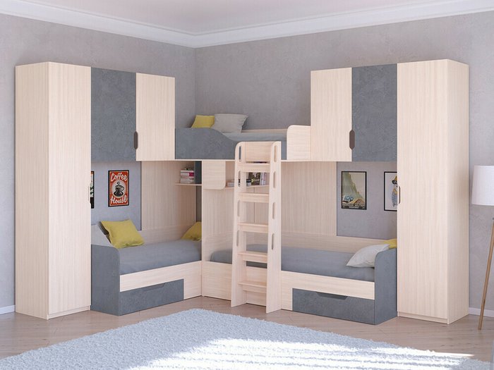 Двухъярусная кровать Трио 3 80х190 цвета Дуб молочный-Железный камень - купить Двухъярусные кроватки по цене 58400.0