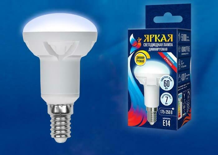 Лампа светодиодная диммируемая (UL-00004709) Uniel E14 7W 4000K матовая LED-R50 7W/4000K/E14/FR/DIM PLP01WH - купить Лампочки по цене 287.0