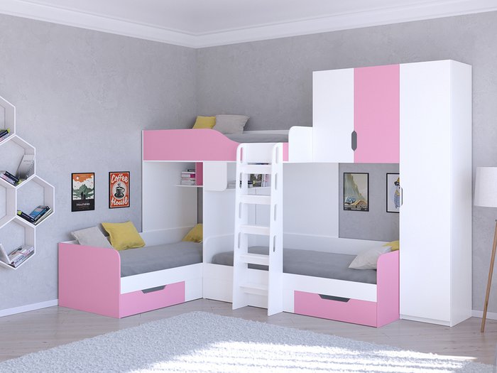 Двухъярусная кровать Трио 2 80х190 бело-розового цвета - купить Двухъярусные кроватки по цене 45400.0