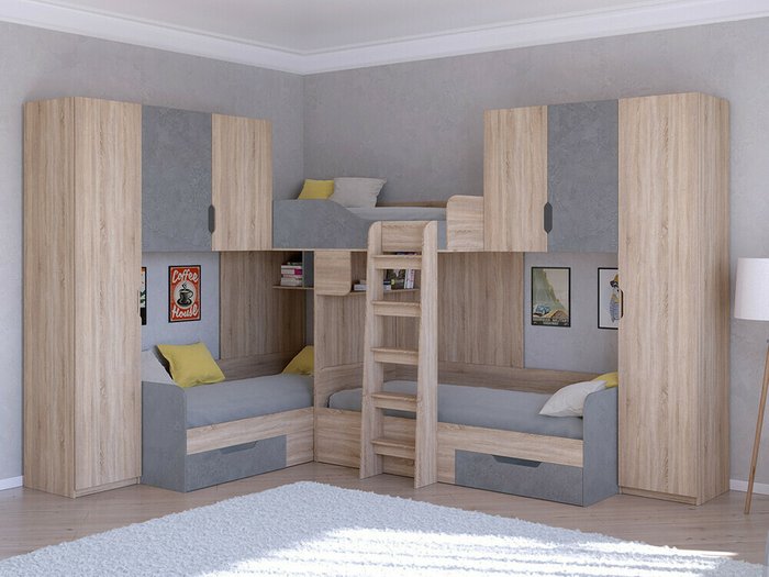 Двухъярусная кровать Трио 3 80х190 цвета Дуб Сонома-Железный камень - купить Двухъярусные кроватки по цене 58400.0