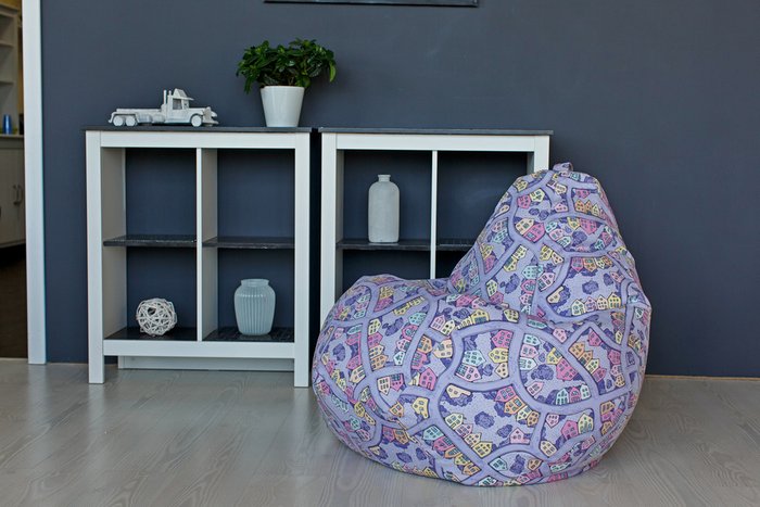 Кресло-мешок Груша XL Домики фиолетового цвета - купить Бескаркасная мебель по цене 3650.0