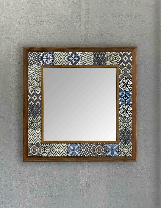 Настенное зеркало 43x43 с каменной мозаикой сине-бежевого цвета - купить Настенные зеркала по цене 16871.0