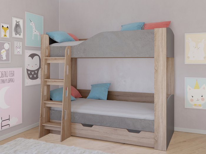 Двухъярусная кровать Астра-2 80х190 цвета Дуб сонома-Железный камень - купить Двухъярусные кроватки по цене 23100.0