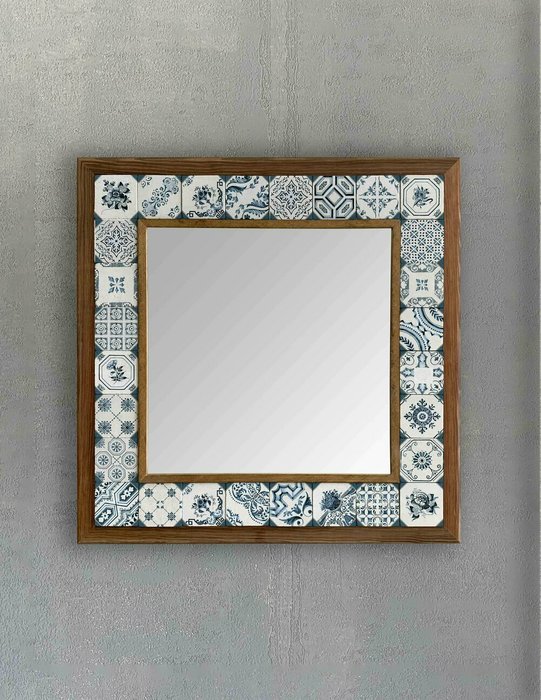 Настенное зеркало 43x43 с каменной мозаикой бело-синего цвета - купить Настенные зеркала по цене 16871.0