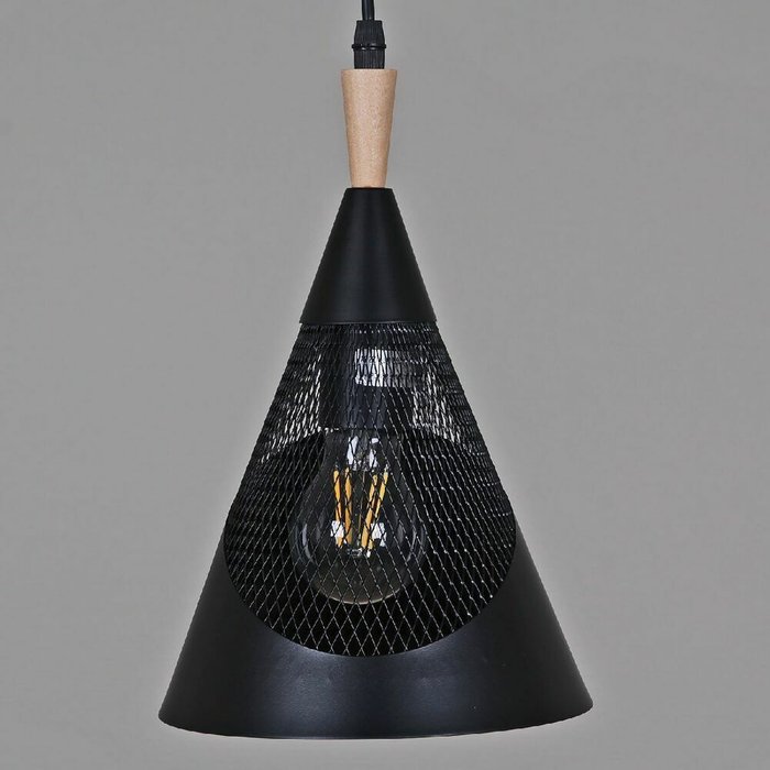 Подвесной светильник 03250-3.9-01 BK+WOOD (металл, цвет черный) - купить Подвесные светильники по цене 1870.0
