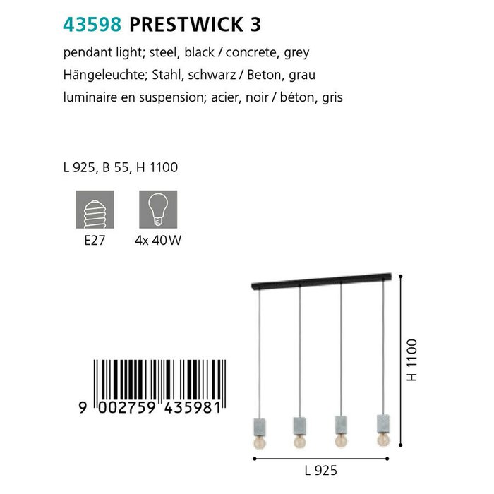 Люстра подвесная Prestwick серого цвета - купить Подвесные люстры по цене 10990.0