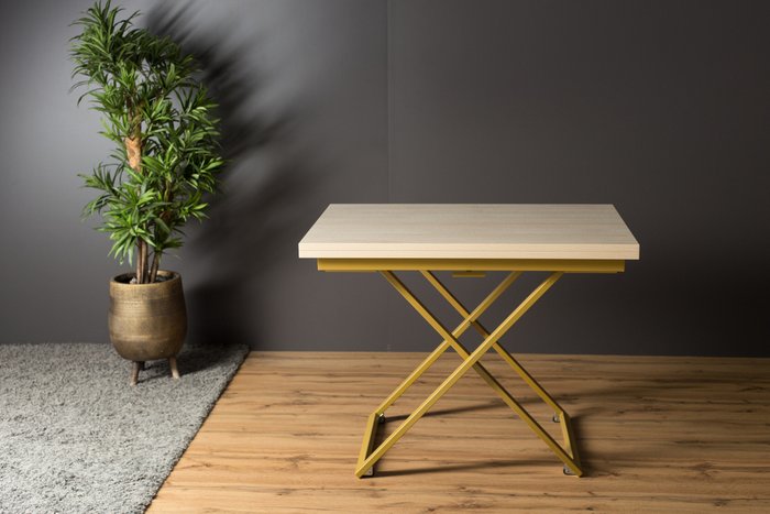 Стол трансформер Compact цвета дуб шамони светлый на золотых опорах - лучшие Обеденные столы в INMYROOM