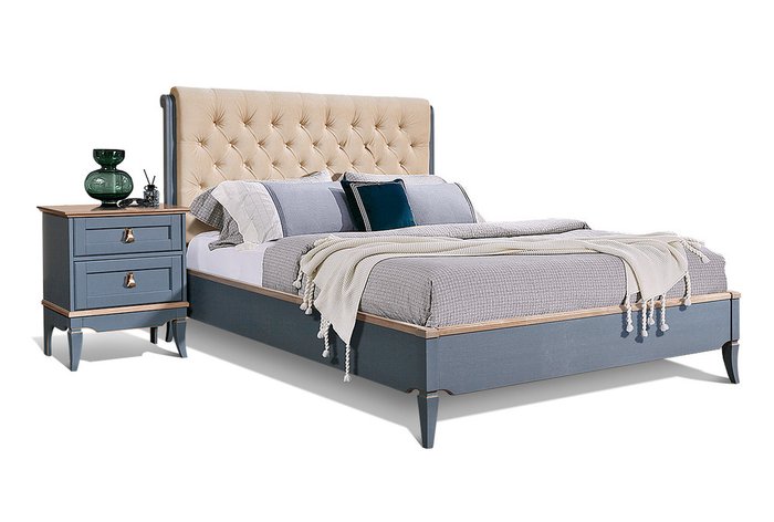 Кровать Стюарт 180х200 серо-синего цвета с бежевым изголовьем