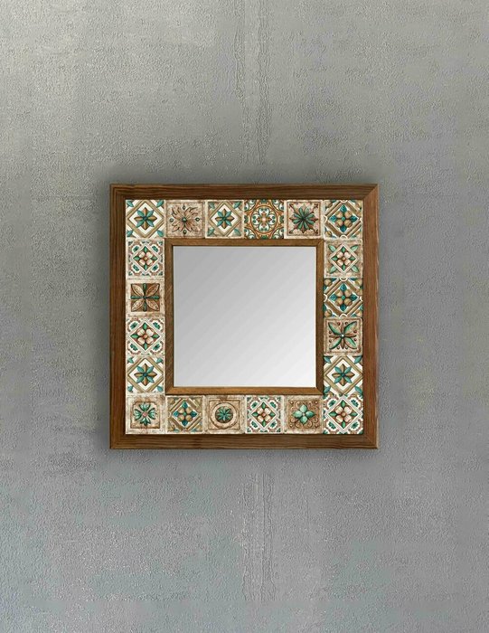 Настенное зеркало 33x33 с каменной мозаикой бежево-зеленого цвета - купить Настенные зеркала по цене 9840.0