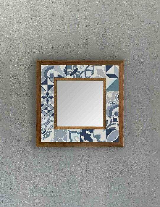 Настенное зеркало с каменной мозаикой 33x33 сине-белого цвета  - купить Настенные зеркала по цене 9840.0