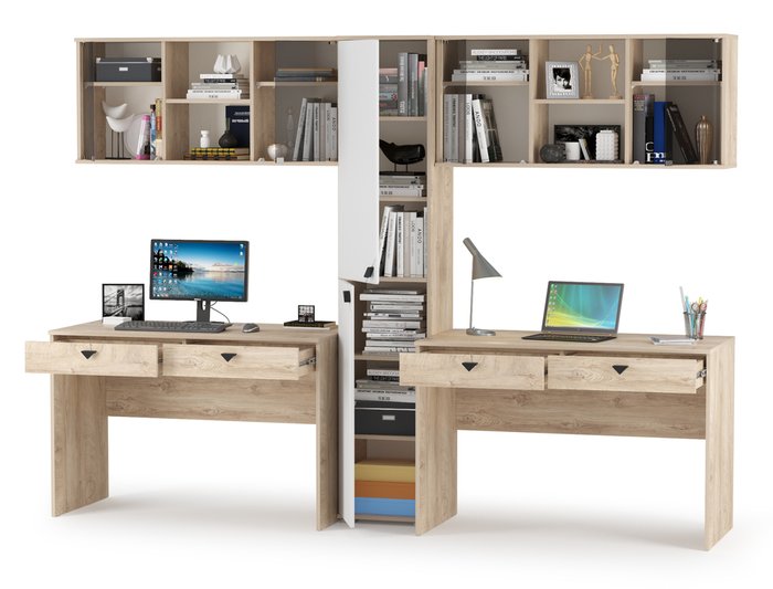 Два компьютерных стола с навесными шкафами и пеналом Бостон бежевого цвета - лучшие Письменные столы в INMYROOM