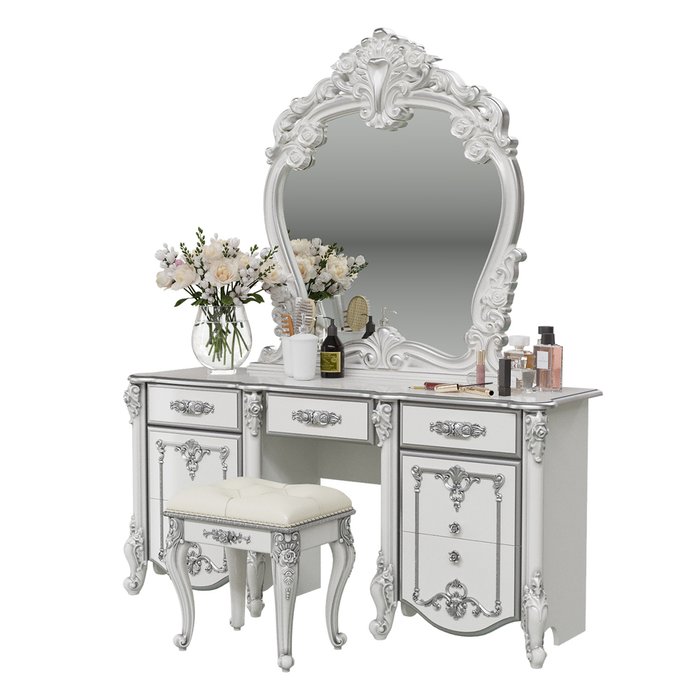 Стол туалетный с зеркалом и пуфом Дольче Вита белого цвета с серебром - купить Туалетные столики по цене 75041.0