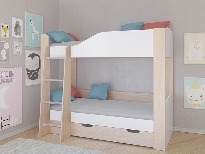 Двухъярусная кровать Астра 2 80х190 цвета Дуб молочный-белый - купить Двухъярусные кроватки по цене 20200.0
