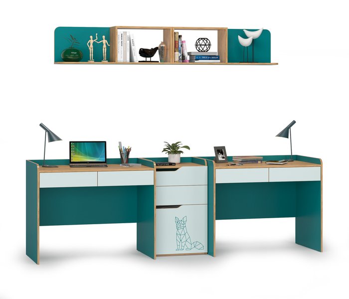 Два письменных стола с комодом и двумя полками Гудвин зеленого цвета - купить Письменные столы по цене 25466.0