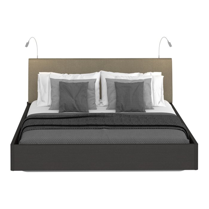 Кровать Элеонора 140х200 с изголовьем серо-бежевого цвета и двумя светильниками