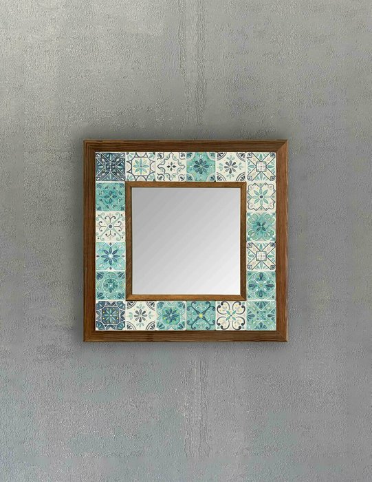 Настенное зеркало 33х33 с каменной мозаикой бело-бирюзового цвета - купить Настенные зеркала по цене 9840.0
