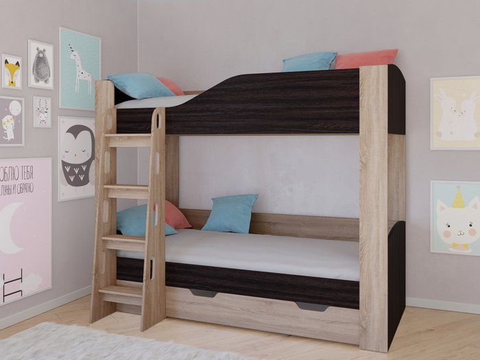 Двухъярусная кровать Астра-2 80х190 цвета Дуб сонома-Венге - купить Двухъярусные кроватки по цене 23100.0