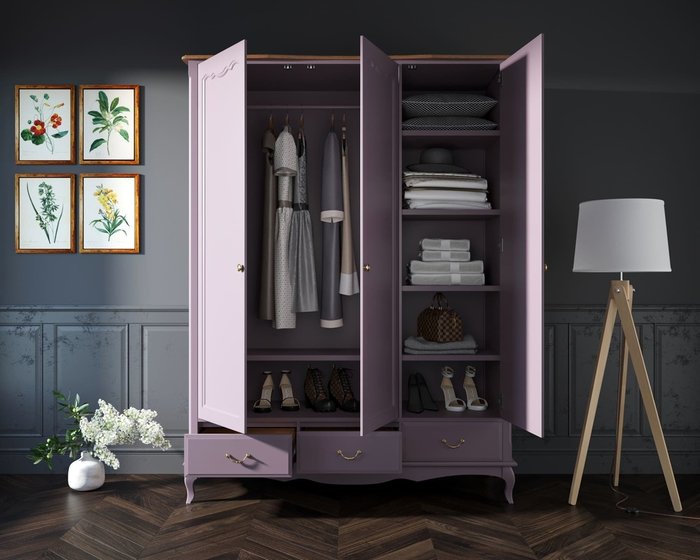 Шкаф для одежды трехстворчатый с ящиками Leontina Lavanda фиолетового цвета - лучшие Шкафы распашные в INMYROOM