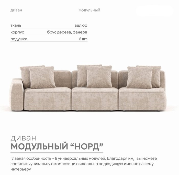 Диван модульный Норд цвета тофу - купить Прямые диваны по цене 148700.0