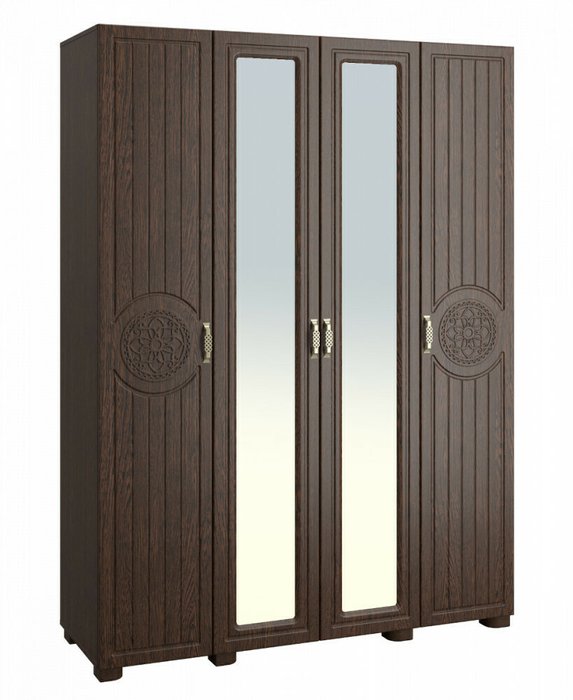 Шкаф четырехдверный с двумя зеркалами Монблан темно-коричневого цвета