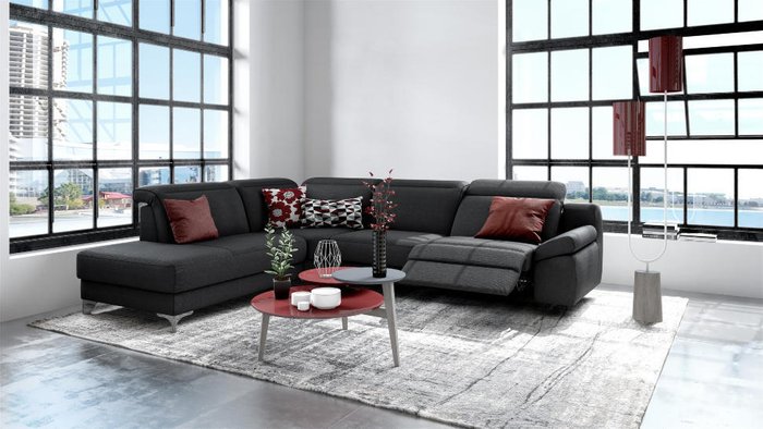 Угловой кожаный диван с реклайнером Levana черного цвета - купить Угловые диваны по цене 672100.0