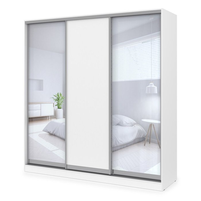 Comfort 21.5 Трехдверный шкаф-купе с зеркалом, комбинированное наполнение с ящиками, ЛДСП, белый, 210×60×220 см