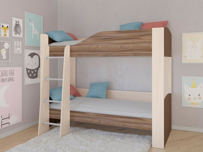 Двухъярусная кровать Астра 2 80х190 цвета Дуб молочный-Орех - купить Двухъярусные кроватки по цене 16900.0