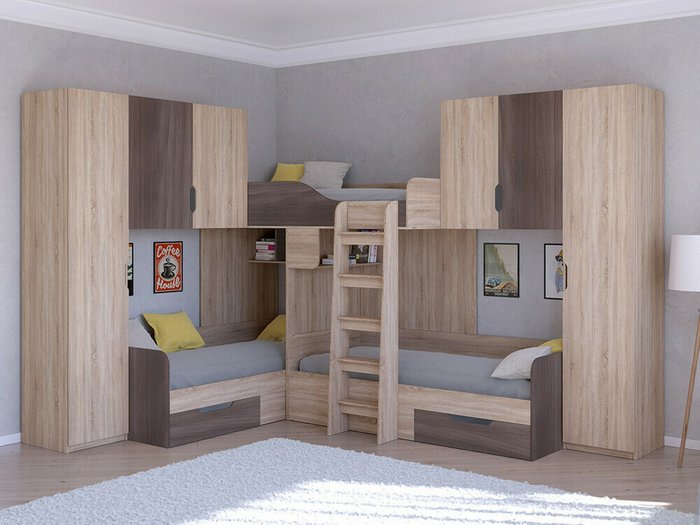 Двухъярусная кровать Трио 3 80х190 цвета Дуб Сонома-Дуб шамони - купить Двухъярусные кроватки по цене 58400.0