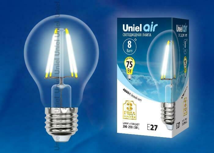 Лампа светодиодная филаментная (UL-00002212) Uniel E27 8W 4000K прозрачная LED-A60-8W/NW/E27/CL GLA01TR - купить Лампочки по цене 195.0