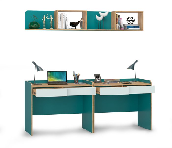 Два письменных стола с полками Гудвин зеленого цвета - лучшие Письменные столы в INMYROOM