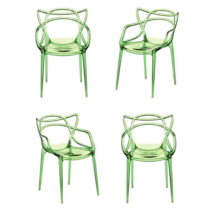 Набор из четырех стульев зеленого цвета с подлокотниками