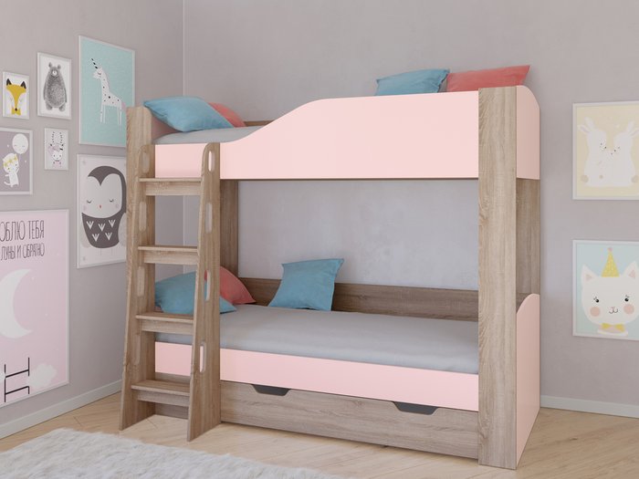 Двухъярусная кровать Астра-2 80х190 цвета Дуб сонома-Розовый - купить Двухъярусные кроватки по цене 23100.0 Двухъярусная кровать Астра-2 80х190 цвета Дуб сонома-Розовый - купить Двухъярусные кроватки по цене 23100.0