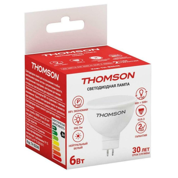 Лампа светодиодная Thomson GU5.3 6W 4000K полусфера матовая TH-B2046 - купить Лампочки по цене 143.0