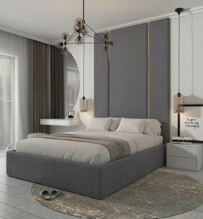 Кровать Pelitte 160х200 светло-серого цвета с золотыми молдингами и подъемным механизмом  - лучшие Кровати для спальни в INMYROOM