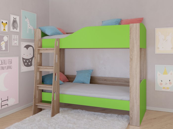 Двухъярусная кровать Астра-2 80х190 цвета Дуб сонома-Салатовый - купить Двухъярусные кроватки по цене 18600.0