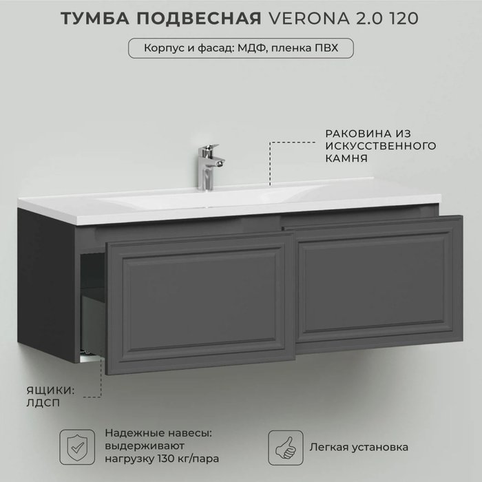 Тумба с раковиной подвесная Verona 120 графитового цвета - лучшие Тумбы под раковину в INMYROOM Тумба с раковиной подвесная Verona 120 графитового цвета - лучшие Тумбы под раковину в INMYROOM