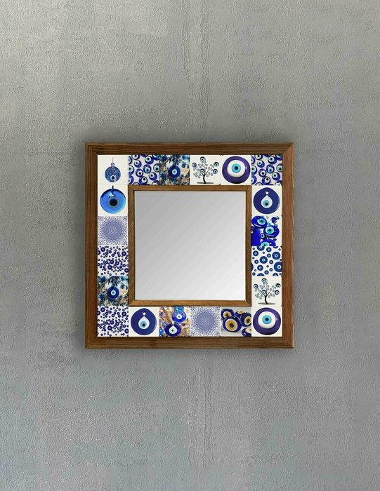 Настенное зеркало с каменной мозаикой 33x33 бело-синего цвета  - купить Настенные зеркала по цене 9840.0