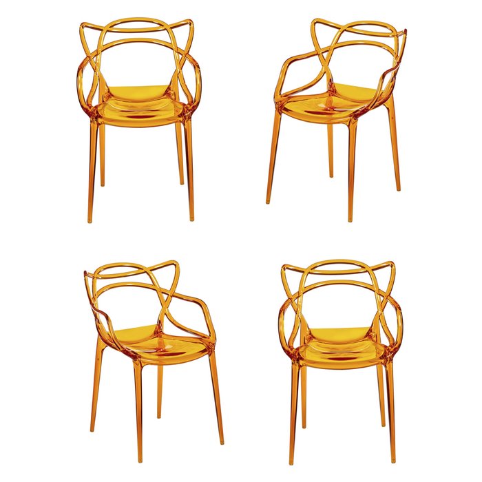 Набор из четырех стульев оранжевого цвета с подлокотниками