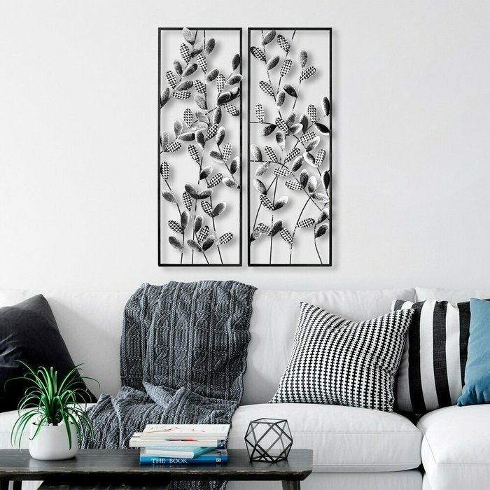 Набор из двух настенных декоров ручной работы 32х90 из металла бело-черного цвета - лучшие Декор стен в INMYROOM