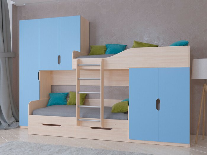 Двухъярусная кровать Лео 80х190 цвета Дуб молочный-голубой - купить Двухъярусные кроватки по цене 45100.0