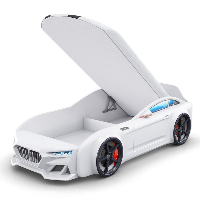 Кровать Dynamic-M 80х200 белого цвета с подсветкой фар и ящиком - лучшие Одноярусные кроватки в INMYROOM Кровать Dynamic-M 80х200 белого цвета с подсветкой фар и ящиком - лучшие Одноярусные кроватки в INMYROOM