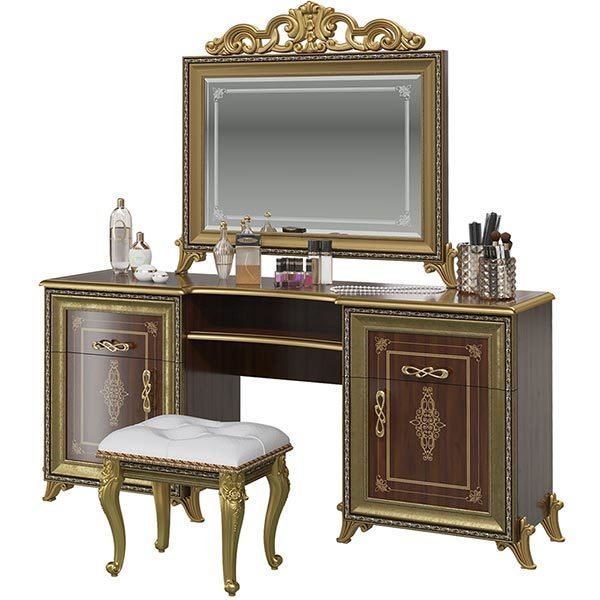 Стол туалетный с пуфом и зеркалом Версаль коричневого цвета
