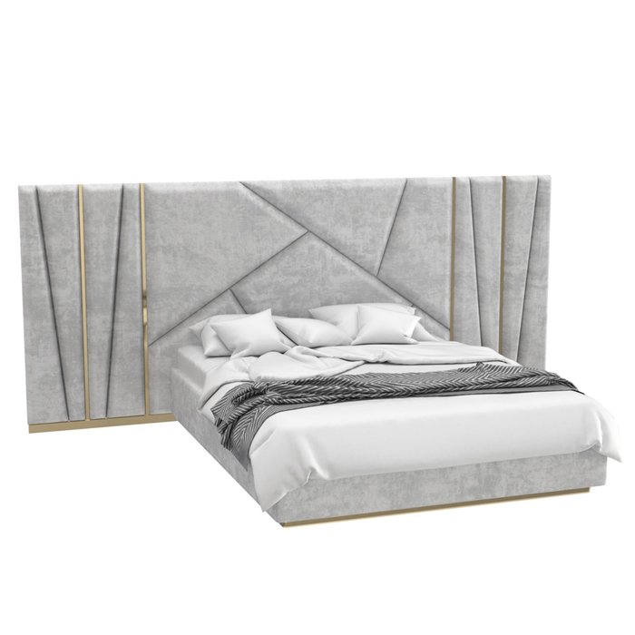 Кровать Afsana 160х200 светло-серого цвета с золотыми молдингами и подъемным механизмом