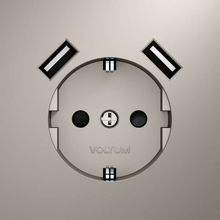 Розетка встраиваемая VOLTUM S70 с заземлением и защитными шторками, 16А, с USB, A+A, (кашемир)
