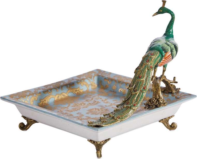 Блюдо квадратное с павлином голубого цвета