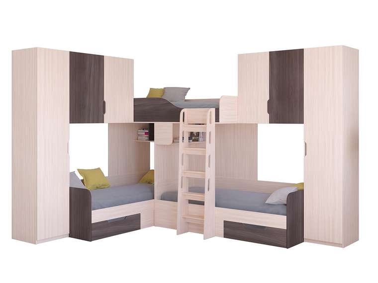 Двухъярусная кровать Трио 3 80х190 цвета Дуб молочный-Дуб шамони