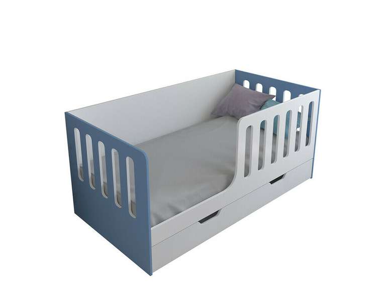 Кроватка Астра 12 80x160 бело-голубого цвета с выдвижным ящиком 