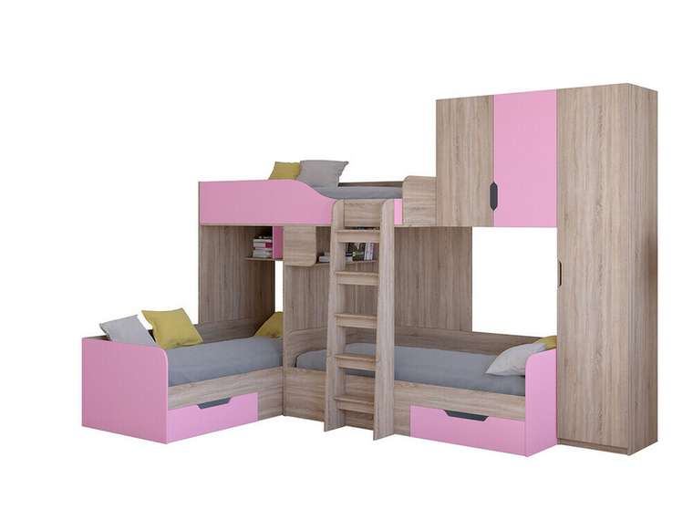 Двухъярусная кровать Трио 2 80х190 цвета Дуб Сонома-розовый